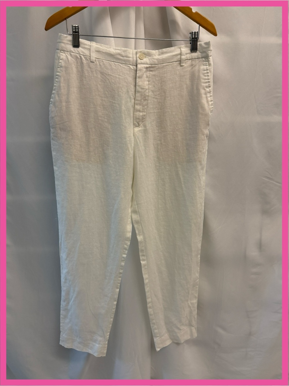 ZARA White 100% Linen Trousers Pants High Waist Elastic Back Slant Pocket Size L